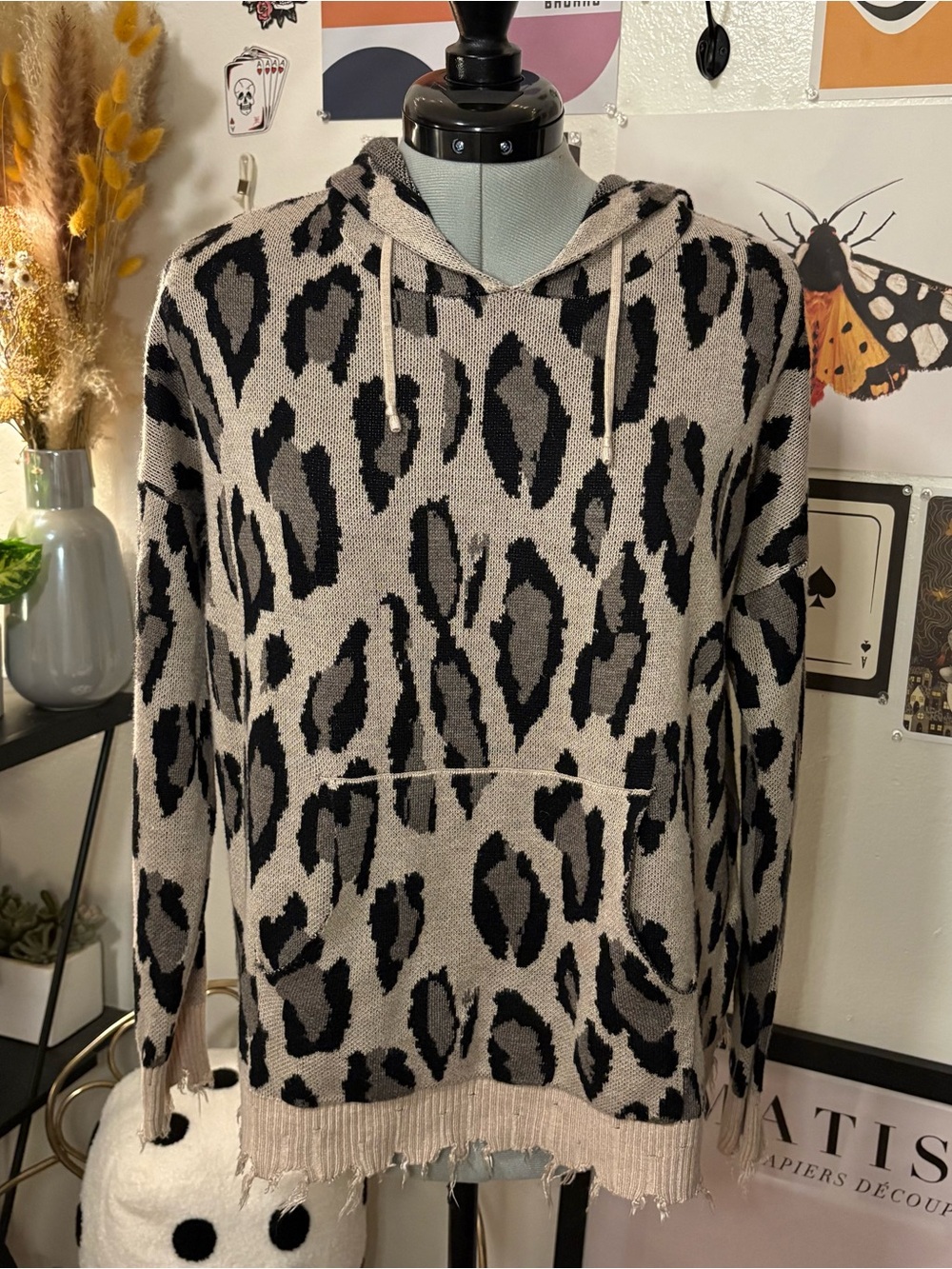 Fate Leopard Print Distressed Knit Hoodie Size S